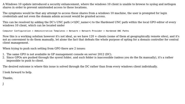DevOps & SysAdmins: Windows 10 unable to access sysvol and netlogon (2 Solutions!!)