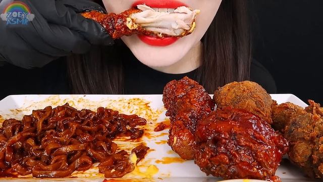 ASMR BLACK BEAN NOODLES SPICY FRIED CHICKEN 직접만든 매운불닭양념치킨 진진짜라 먹방 MUKBANG 咀嚼音チキン | ZOEY ASMR