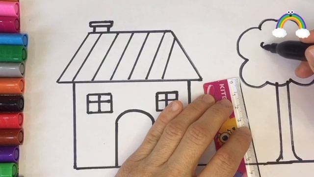 Как нарисовать 🏠Дом для детей, 🌳Дерево и 🌞Солнце. смотреть онлайн