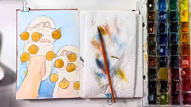 Новогодний рисунок для начинающих поэтапно и легко / Рисуем акварельный скетч и ждём новый 2025 год