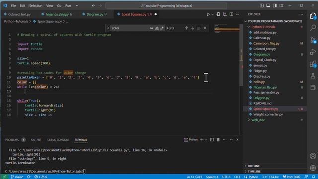 Spiral Square Drawing with Turtle Python