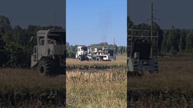 A tractor is driving across a field