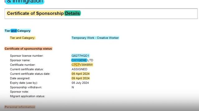 UK Dancer Worker Visa, Creative Work Permit   | Cos Letter OXYGENE Limited |