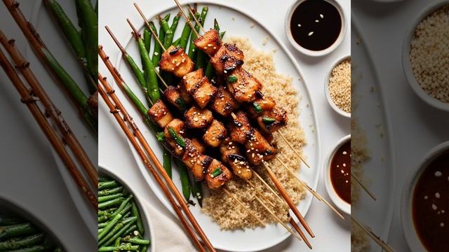 Куриные шашлычки терияки с кунжутной зеленой фасолью и киноа с ароматом кокоса. Гавайская кухня.