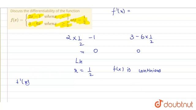 Discuss the differentiability of the function   `f(x)={{:(2x-1,whenx,lt1/2),(3-6x,when x