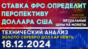 Ставка ФРС определит перспективу доллара США Анализ рынка золота, серебра, нефти, доллара 18.12.2024