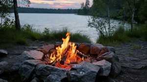 Походный костер на берегу озера. Треск костра и звуки природы.