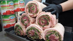 Домашний хрустящий рулет из свиной грудинки Porchetta, стейк на косточке. Корейская кухня.