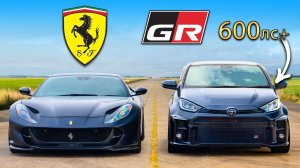 Кто победит в заезде: Ferrari с V12 или же 3 цилиндровый тюнингованный GR Yaris?