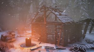 Уютная зимняя атмосфера и одинокая бревенчатая хижина, занесенная снегом под звуки сильного ветра