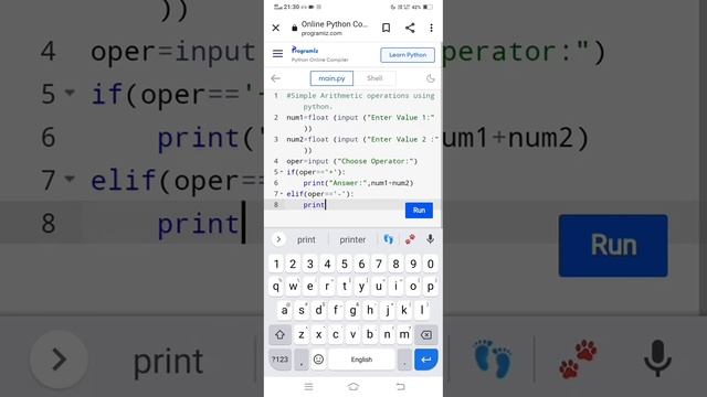 Simple Arithmetic Operations Using Python 🤟🏻||Calculator using python||#pythonprogram#calculator
