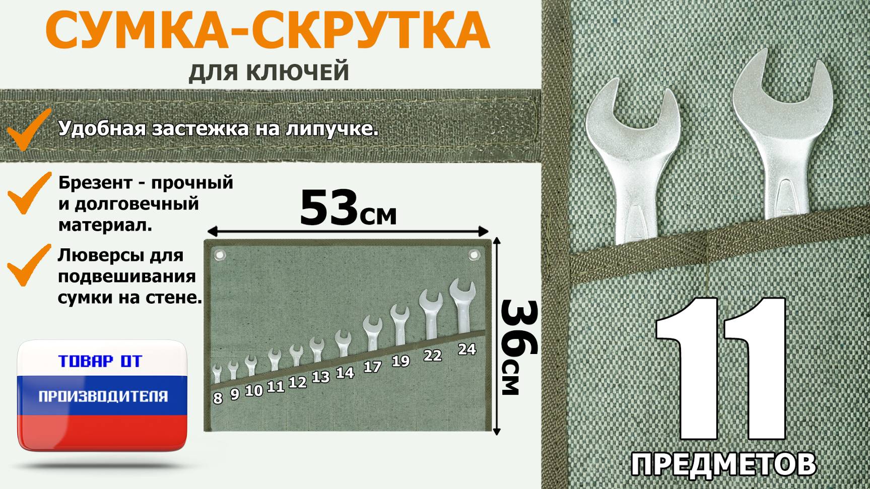 Сумка-скрутка из брезента для гаечных, накидных, рожковых ключей. На 11 предметов. Промо-ролик.