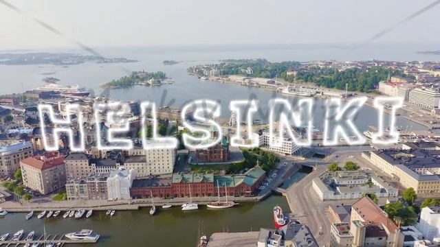 Inscription on video. Helsinki, Finland. City center aerial view. Assumption Cathedral. Neon white смотреть онлайн