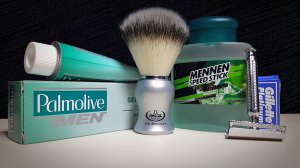 Бритьё. Станок косорез АЛМАЗ, крем Palmolive, помазок Omega, лосьон Mennen, лезвия Gillette Platinum