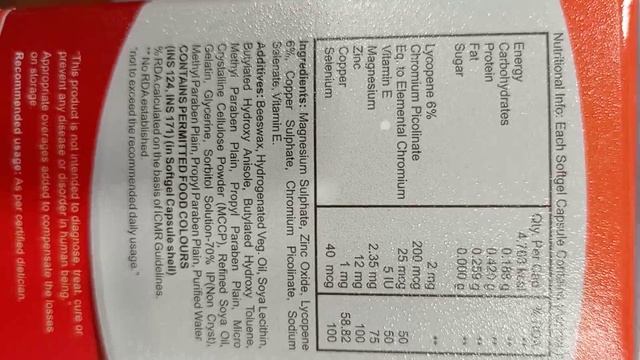 Lycopene,Vitamin E, Copper Sulphate Magnesium Sulphate, Sodium Selenate,Chromium Picolinate Capsule