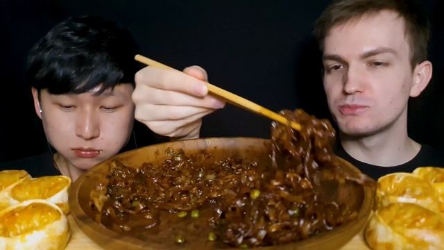 Black Bean Noodles ASMR MUKBANG with Kimchi Dumplings