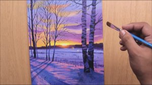 Зимний пейзаж с березками в лиловых тонах / Акриловая живопись