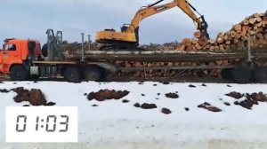 Экскаватор SANY SY245F с грейферным захватом разгружает внушительный лесовоз всего за 3 минуты