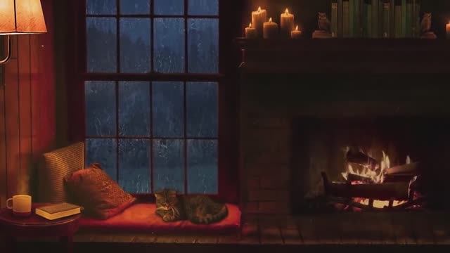 Огонь. Атмосфера огня. Глубокий сон в уютной атмосфере - кошка, камин, треск огня, музыка и дождь.