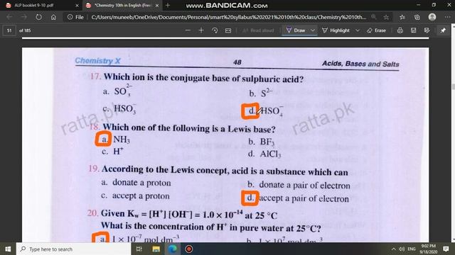 Chemistry 10th - Chapter 10 : Acids Bases and Salts exercise solution with mcq long short Questio