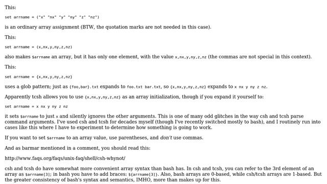 Unix & Linux: C Shell Array Declaration Syntax, () vs {} (2 Solutions!!)