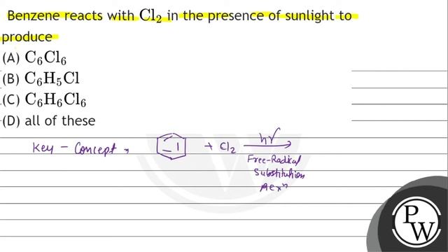 Benzene reacts with  mathrmCl_2  in the presence of sunlight to produce
A  mathrm...