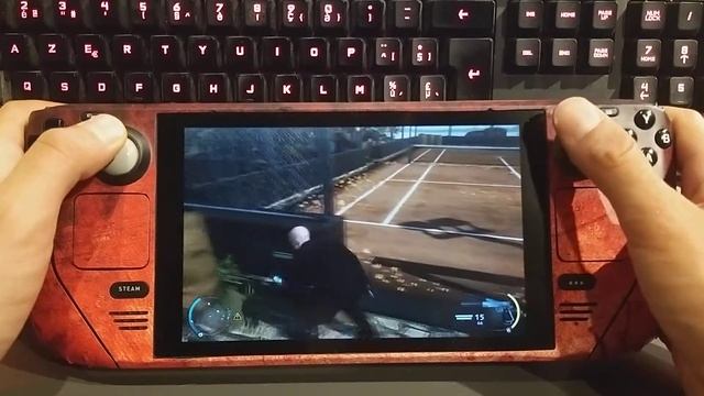 It's 'Hitman: Absolution™' On a Steam Deck With a Grungy Red Scratched Surface Skin For Steam Deck!