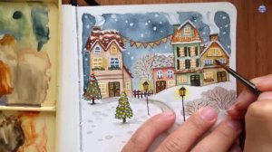 Маленькая уютная иллюстрация акварелью с заснеженным городком