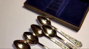 Серебряные  чайные ложки с перегородчатой эмалью СССР винтаж