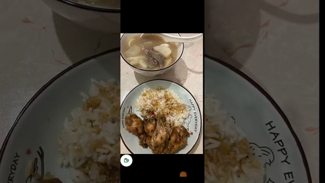 dinner: honey chicken drumsticks with rice + hairy melon soup with pork liver and pork slices