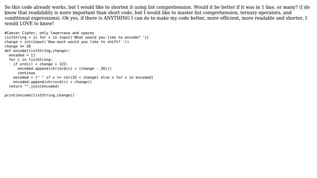 Code Review: Caesar Cipher encoding process (customizable input and shifting) in Python