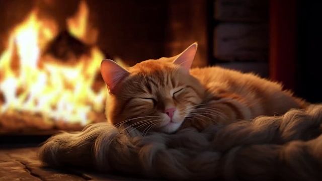 Мурлыкающий кот спит у камина|релакс и отдых