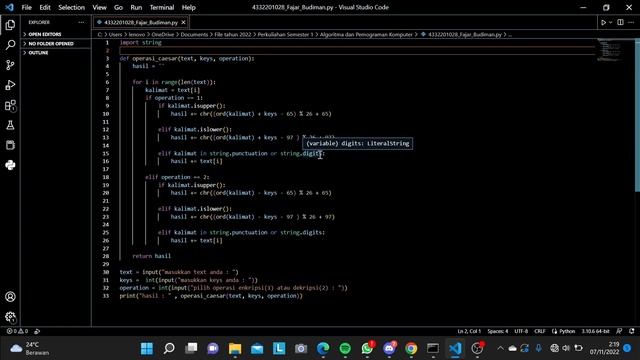 Implementasi Kriptografi(enkripsi dan dekripsi) Caesar dengan menggunakan Python