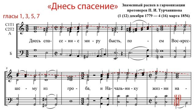 Днесь спасения 1,3,5,7 гласы, знаменный распев, гарм. П.И.Турчанинова - Сопрановая партия