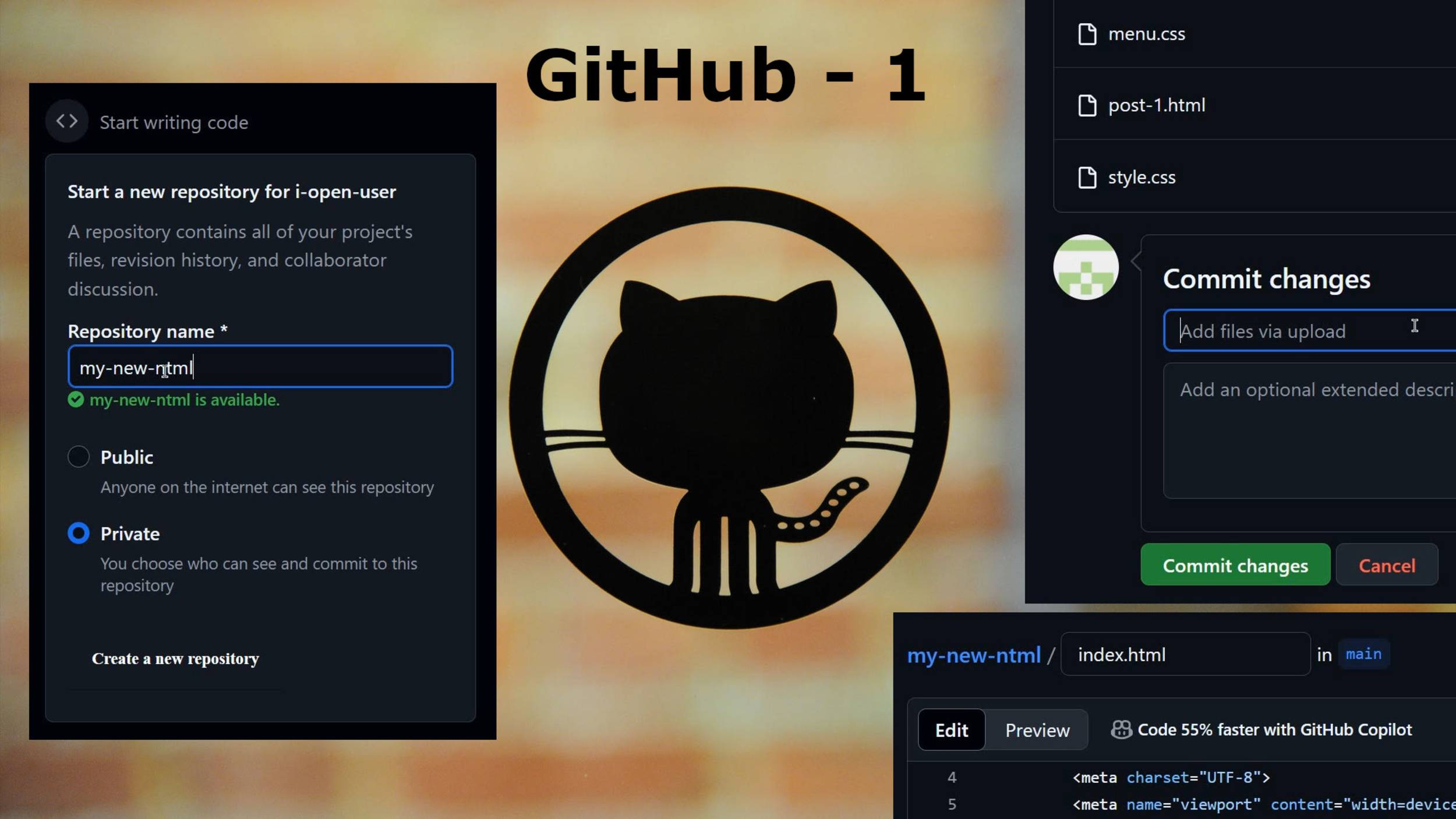 GitHub 1 | Гитхаб 1 - репозиторий, загрузка файлов, изменение кода файла, коммит