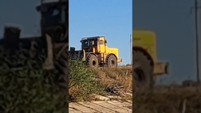 A big yellow tractor is driving along the road