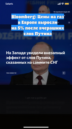 Bloomberg: Цены на газ в Европе выросли на 5% после вчерашних слов Путина