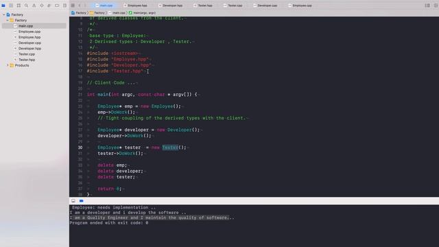 Factory Design Pattern in C++ . Low Coupling. Multiple Derived Types of a Base Class.