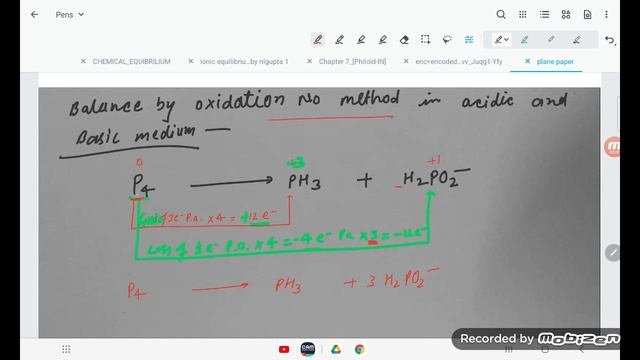 Balance by oxidation number methods in acidic and basic medium  P4 +3OH- = PH3  +  H2PO2 -