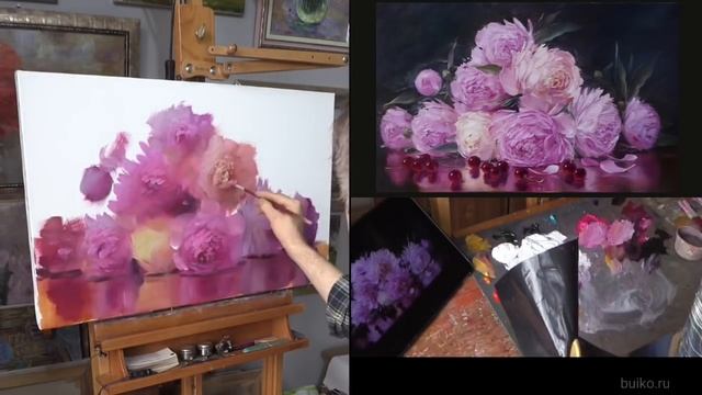 Пионы и вишня. Урок масляной живописи. Painting with flowers brushes. Как написать цветы
