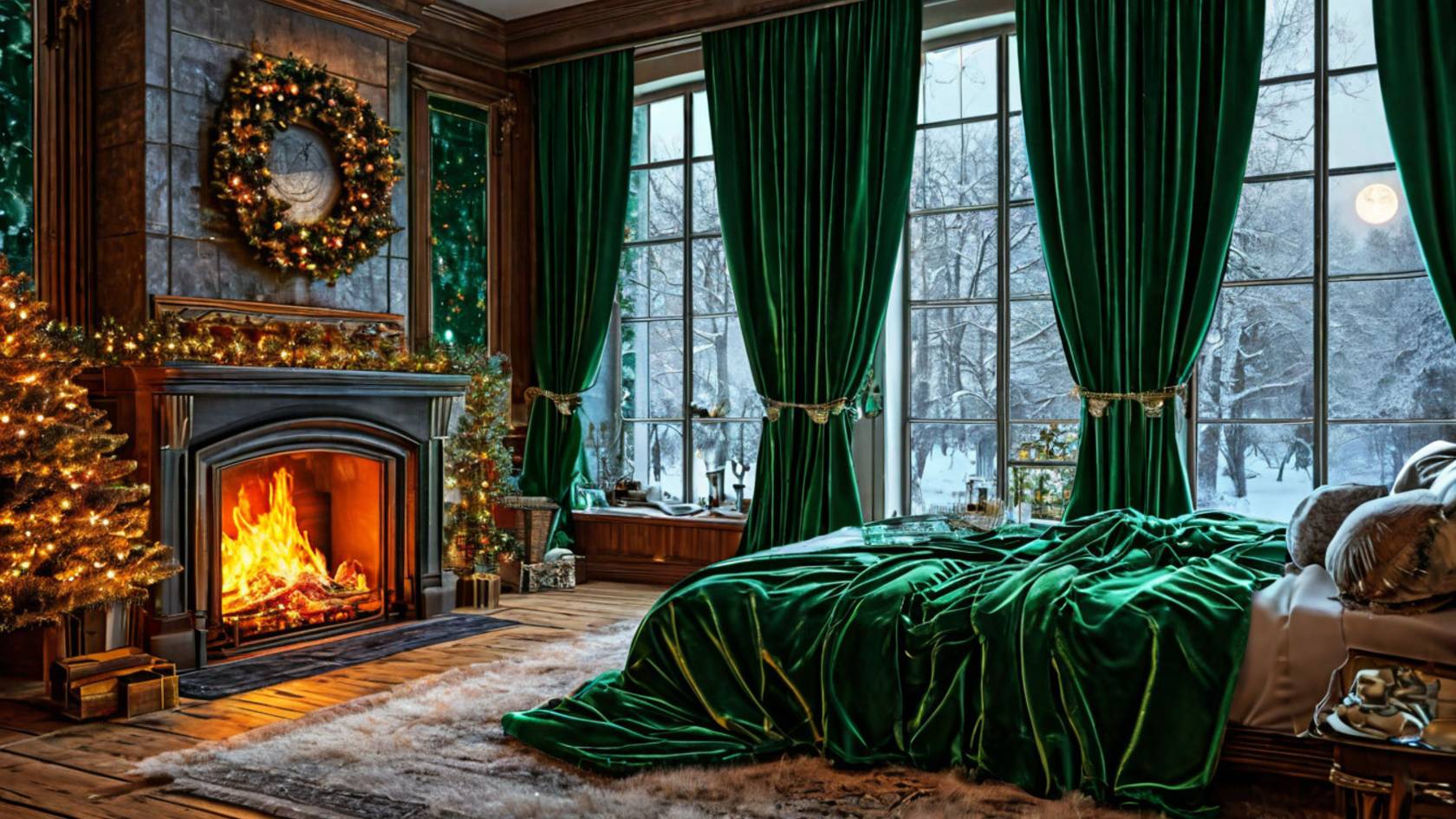Новогодний релакс. Звук горящего камина и метели за окном.
