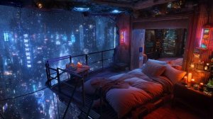 Музыка для атмосферы - ночной город, лофт над городом, снег, неон, киберпанк