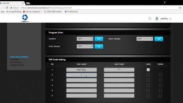 How to change keypad PIN code on a Vesta Security Panel