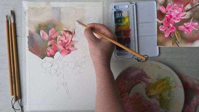 WATERCOLOR Painting TUTORIAL - How to Paint BLOSSOM TREE FLOWERS with alla prima technique. смотреть онлайн