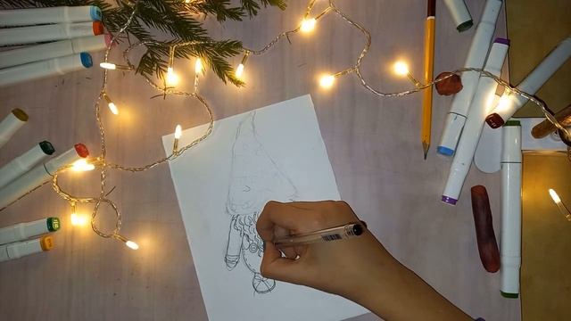 Новогодний рисунок скетчинг_Гномик_Маркерами