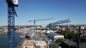 Helsinki from a drone, high-rise cranes in the center of Helsinki.