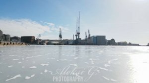 Helsinki in winter, western seaport, flight over frozen sea. Subscribe!