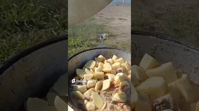 Курица с картошкой в казане на берегу нашей реки