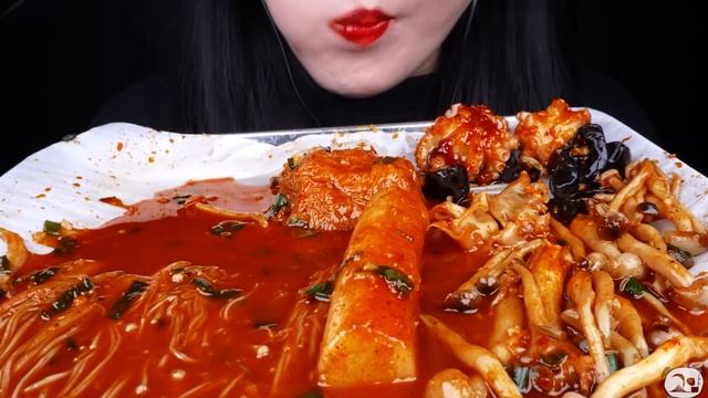 ASMR SPICY SEAFOOD, SPICY ENOKI MUSHROOM, TTEOKBOKKI, WEBFOOT OCTOPUS., 불닭 팽이버섯, 불닭 떡볶이 먹방MUKBANG