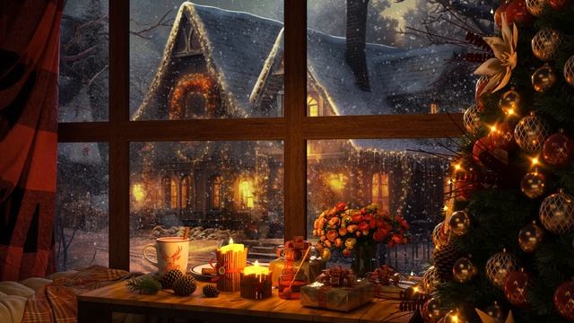 Christmas Time By Window Cozy Coffee Shop Ambience and Relax Jazz Piano Music Snowfall on Wind